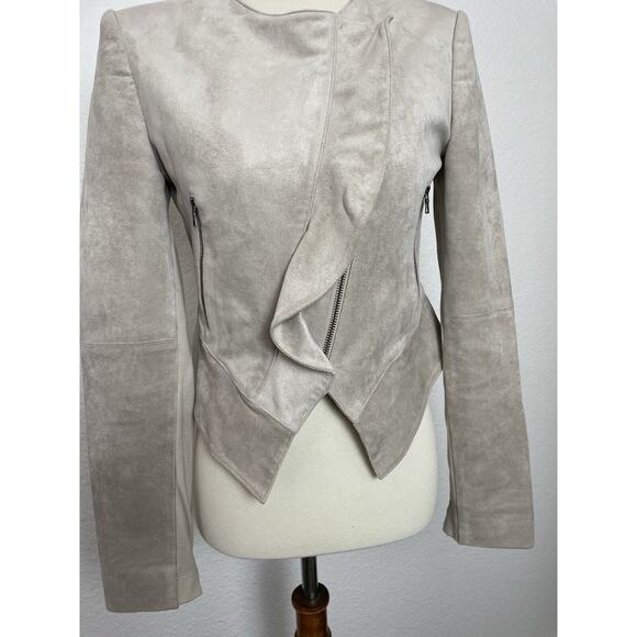 BCBGMaxAzria Jacket Kidd Faux Leather Moto Ruffled Single Breast Tan - Picture 3 of 12